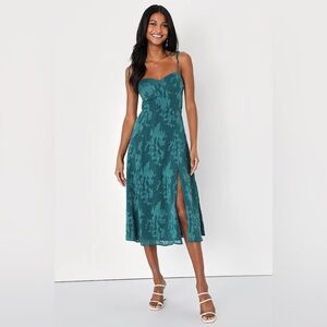 Lulus Loveliest Looks Emerald Green Jacquard Tie-Strap Midi Dress